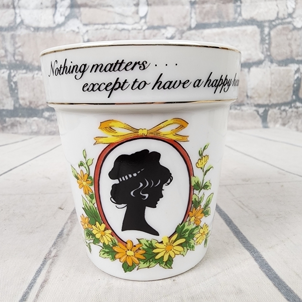 Vintage Enesco Japan Mini Flowerpot Planter Silhouette Floral Framed White 3.5" - Picture 2 of 12